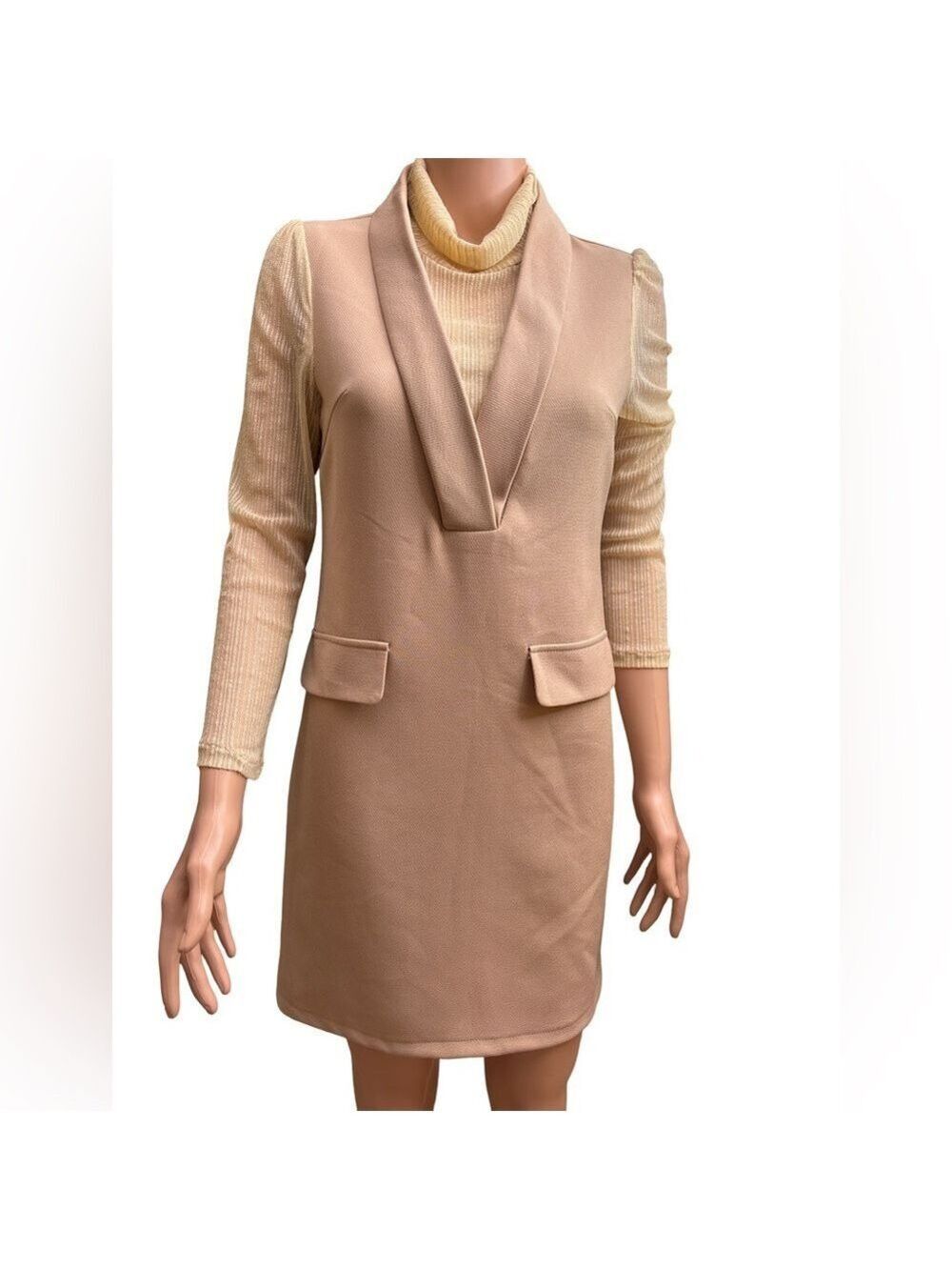 Lianjiani Chic Tan Long Sleeve Dress Medium
